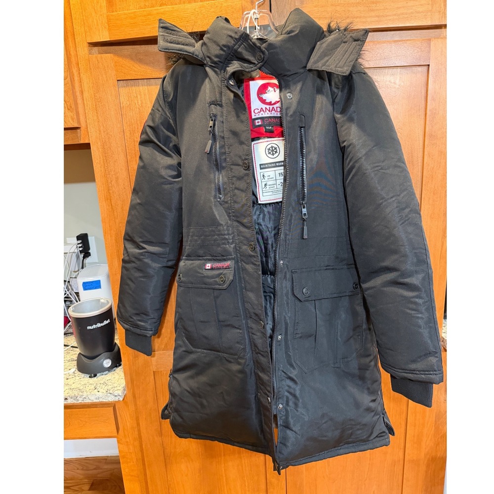 Canada Weathergear Womens Black Long Winter Parka Faux Fur Hood Coat Small